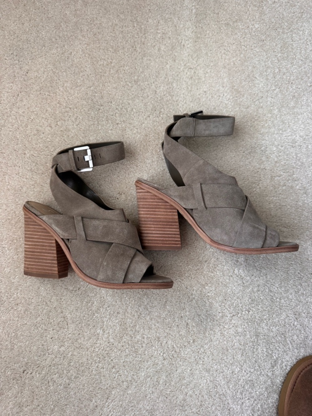 Marc Fisher Taupe Suede Crisscross Block Heel Sandals - Picture 5 of 5